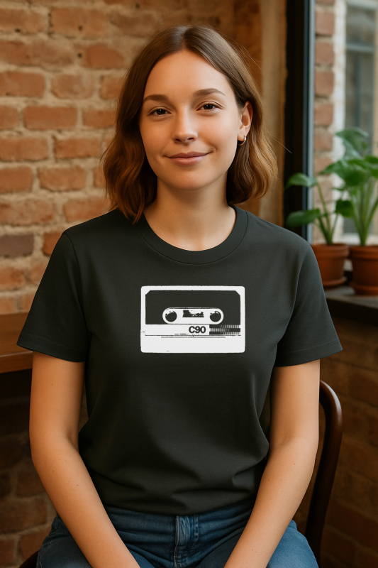 Unisex Bio-T-Shirt mit C90 Kassetten-Motiv – Anthrazit, handbedruckt in Weiß