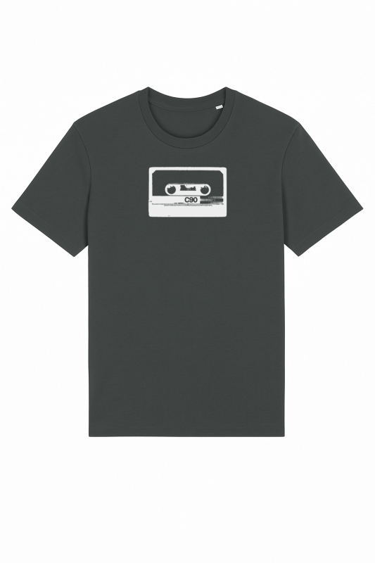 Unisex Bio-T-Shirt mit C90 Kassetten-Motiv – Anthrazit, handbedruckt in Weiß