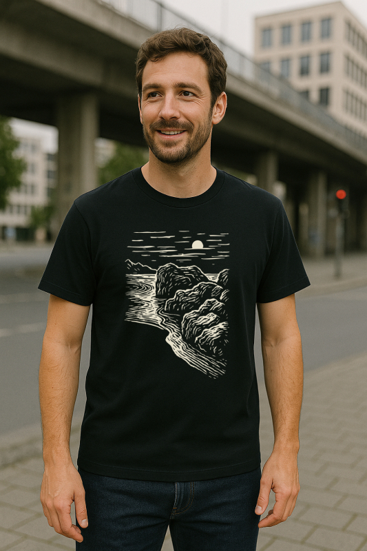 Bio T-Shirt Herren Schwarz Relaxed Fit – „Black Beach“ Handdruck