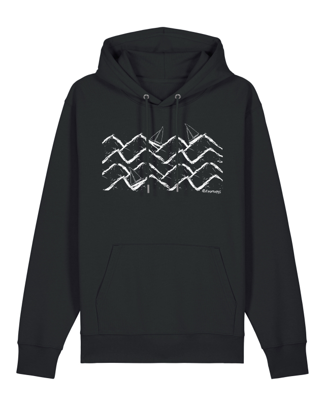 Boats & Waves Bio Hoodie – Segelboot Pullover aus 100 % Bio-Baumwolle | Farben: Black, Deep Teal, Heritage Brown