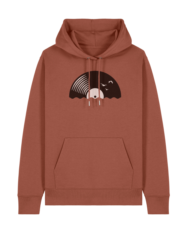 Unisex Hoodie Bio-Baumwolle „Vinyl Sun“ – Musik Hoodie mit Schallplatten-Motiv, nachhaltiger Kapuzenpullover in Schwarz, Braun oder Deep Teal