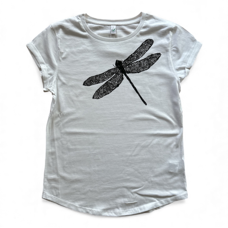 Bio T-Shirt Libelle Damen – handbedruckt & nachhaltig, Weiß