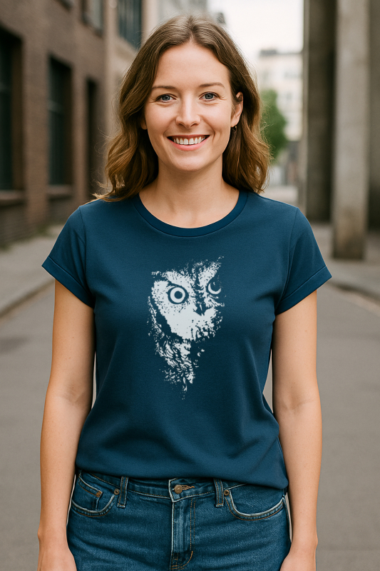 Damen Bio-T-Shirt „Owl“ – Stone Washed Denim