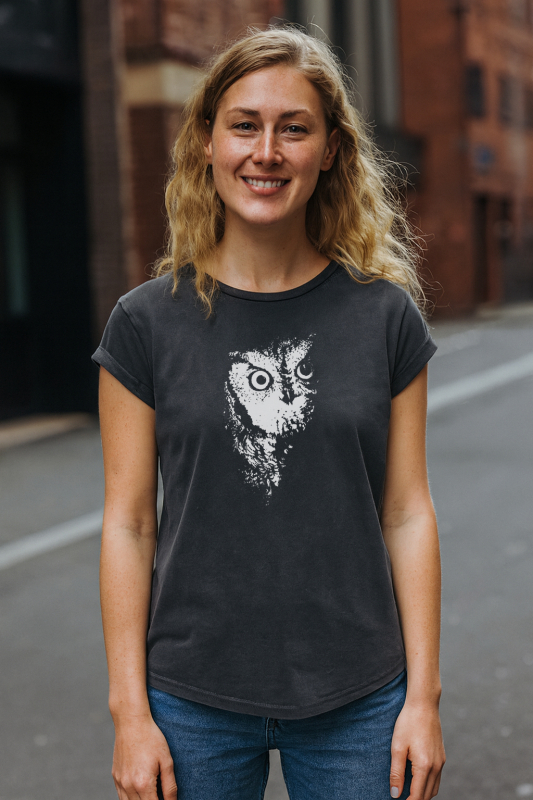 Damen Bio-T-Shirt „Owl“ – Stone Washed Grey