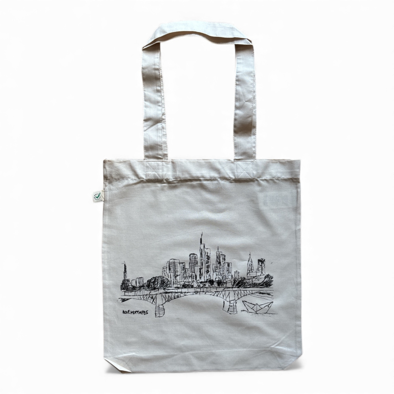 Bio Stofftasche Frankfurt – handgezeichnete Skyline & Paperboat, Fairwear, Siebdruck