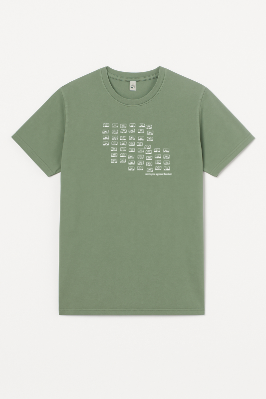 Unisex T-Shirt „Mixtapes Against Fascism“ – Stone Washed Sage Green, Bio-Baumwolle, Earth Positive