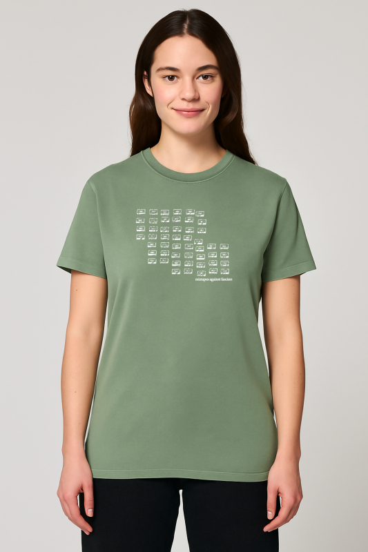 Unisex T-Shirt „Mixtapes Against Fascism“ – Stone Washed Sage Green, Bio-Baumwolle, Earth Positive