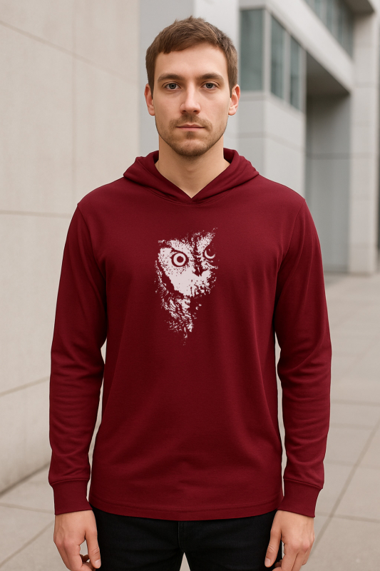 Leichter Unisex Jersey Hoodie mit Eulenmotiv – Bio & Fairtrade – Schwarz & Bordeaux
