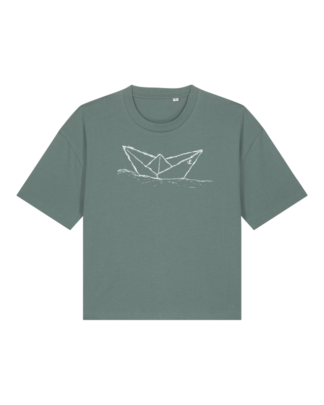 Damen T-Shirt Bio Baumwolle – Green Bay – handbedruckt mit weißem Papierschiff – Stanley/Stella Nova – fair & nachhaltig