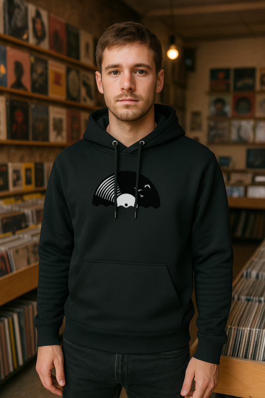 Unisex Hoodie Bio-Baumwolle „Vinyl Sun“ – Musik Hoodie mit Schallplatten-Motiv, nachhaltiger Kapuzenpullover in Schwarz, Braun oder Deep Teal