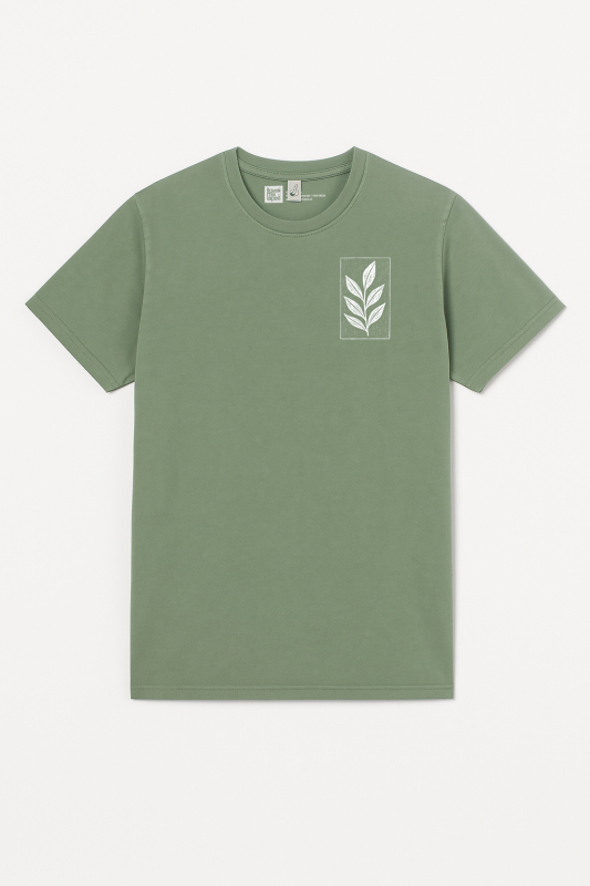 Unisex T-Shirt „Der Zweig“ – Stone Washed Sage Green, Bio-Baumwolle, Earth Positive