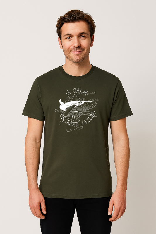 Unisex T-Shirt Khaki – Wal-Motiv „a calm sea...“ – Bio-Baumwolle – Fair & Vegan – Nachhaltige Mode
