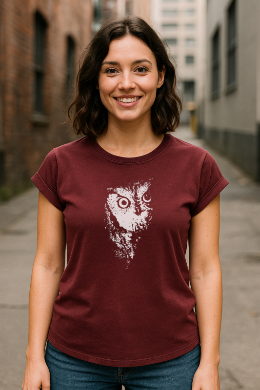 Damen Bio-T-Shirt „Owl“ – Stone Washed Burgundy