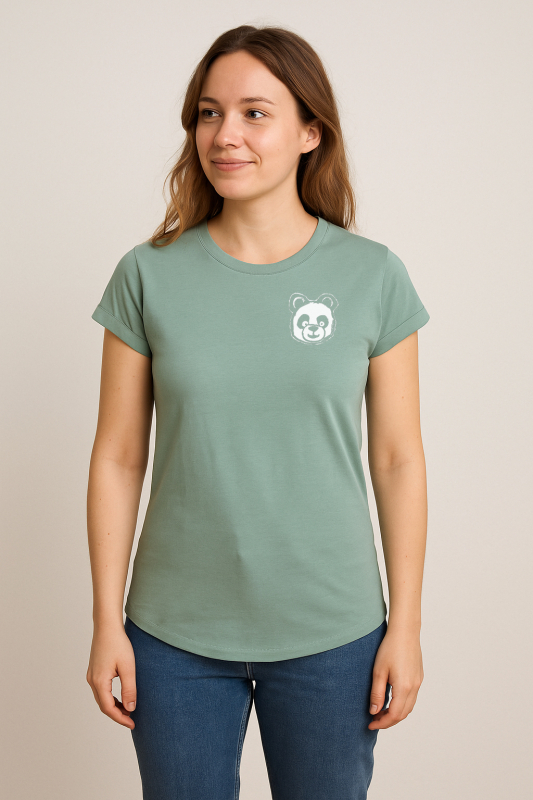 Damen Bio-T-Shirt Sage Green mit Panda Print – Nachhaltiges Fair Wear Shirt aus 100% Bio-Baumwolle