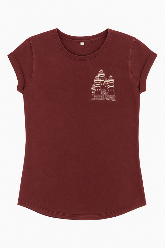 Bio Damen T-Shirt "Leuchtturmland" – Stone Washed Burgundy | Fair produziert & nachhaltig