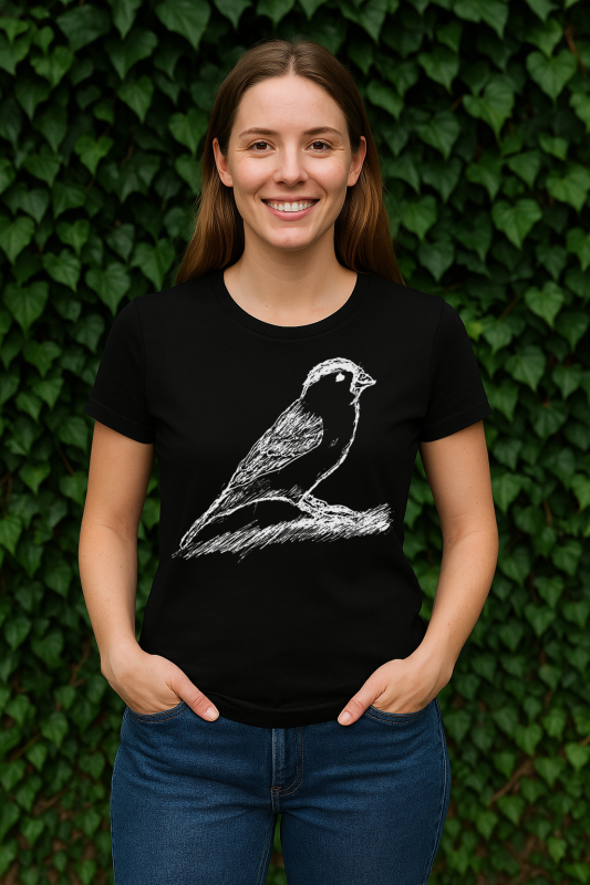 Damen T-Shirt Schwarz mit weißem Spatz – Vogel Shirt Bio Baumwolle, Tiermotiv, Illustration, Fair Fashion, Naturshirt