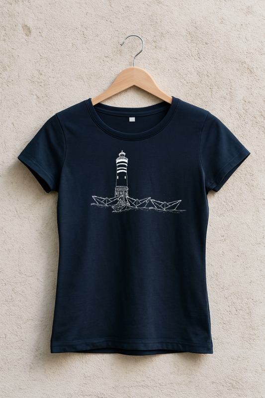 Damen T-Shirt mit Leuchtturm-Motiv – handbedruckt im Siebdruckverfahren | navy