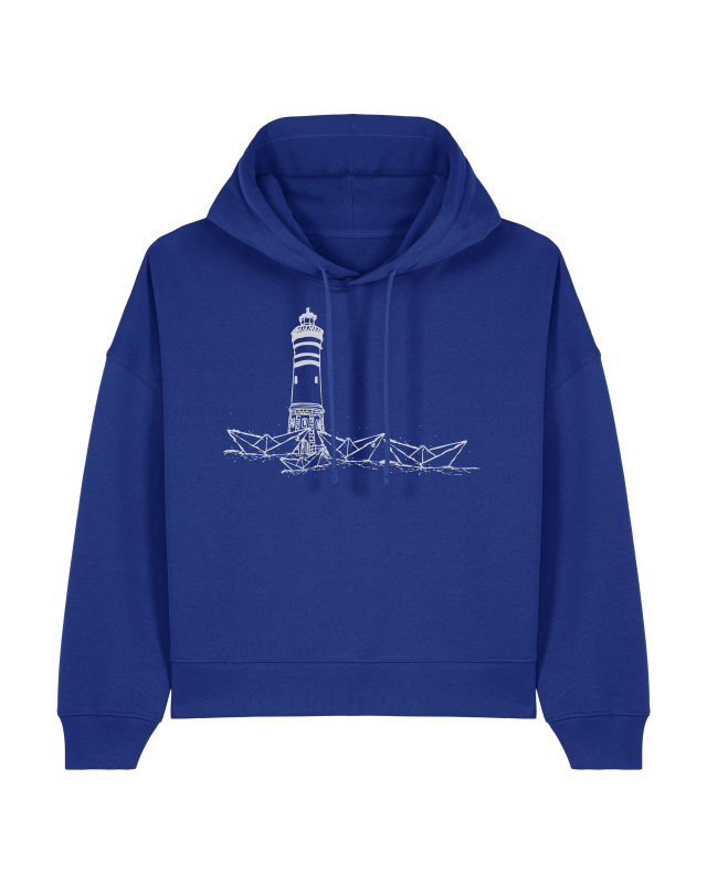 Damen Hoodie – Papierhafen | Worker Blue mit weißem Druck – Fair produziert - Boxy-Fit