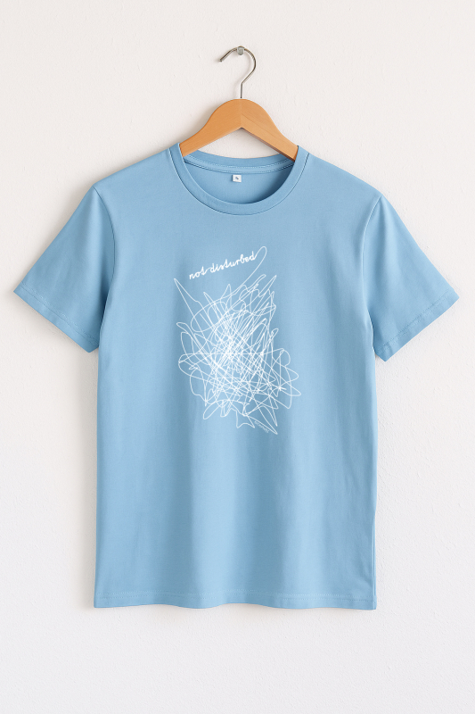 Essential Men T-Shirt mit Kritzelgrafik – Hellblau, handbedruckt in Weiß