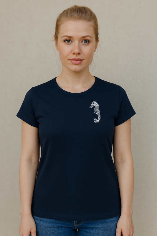 Maritimes Damen T-Shirt navyblau mit weißem Seepferdchen – handbedruckt im Siebdruckverfahren