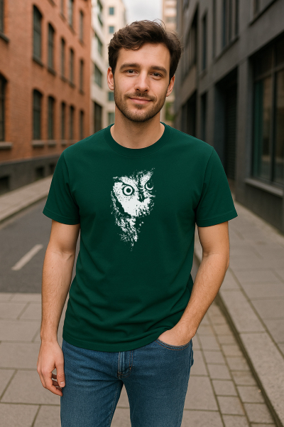 Handbedrucktes T-Shirt Eule – Bio-Baumwolle, dunkelgrün, Unisex