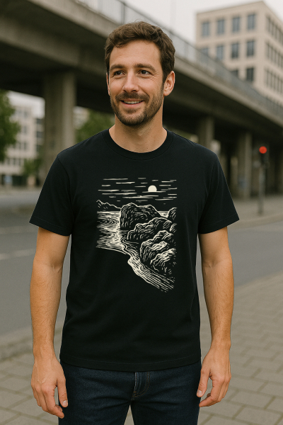 Bio T-Shirt Herren Schwarz Relaxed Fit – „Black Beach“ Handdruck