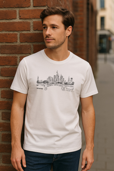 T-Shirt Frankfurter Skyline – Bio, Fair & Handbedruckt (Relaxed Fit) - Off White