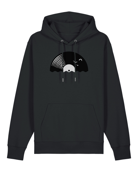 Unisex Hoodie Bio-Baumwolle „Vinyl Sun“ – Musik Hoodie mit Schallplatten-Motiv, nachhaltiger Kapuzenpullover in Schwarz, Braun oder Deep Teal