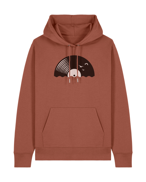 Unisex Hoodie Bio-Baumwolle „Vinyl Sun“ – Musik Hoodie mit Schallplatten-Motiv, nachhaltiger Kapuzenpullover in Schwarz, Braun oder Deep Teal