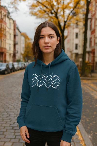 Boats & Waves Bio Hoodie – Segelboot Pullover aus 100 % Bio-Baumwolle | Farben: Black, Deep Teal, Heritage Brown