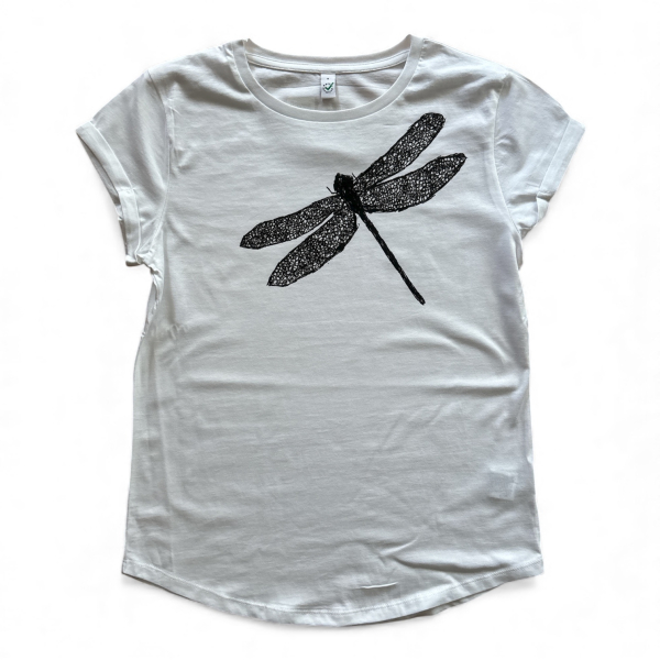 Bio T-Shirt Libelle Damen – handbedruckt & nachhaltig, Weiß