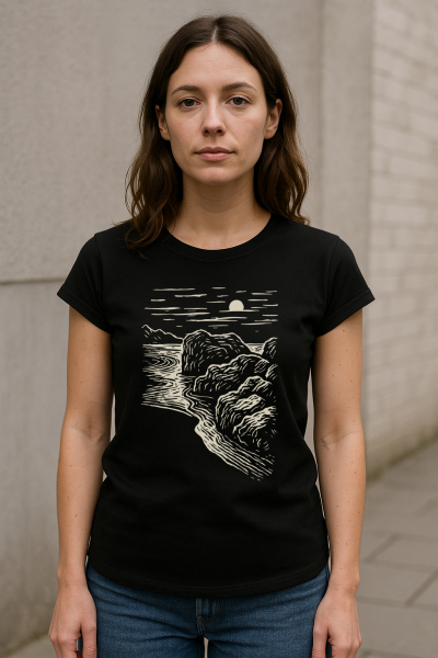 Damen T-Shirt Schwarz – Bio-Baumwolle & Fair Wear | Black Beach Motiv