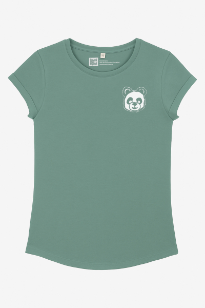 Damen Bio-T-Shirt Sage Green mit Panda Print – Nachhaltiges Fair Wear Shirt aus 100% Bio-Baumwolle