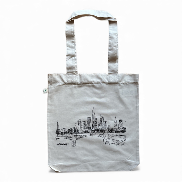 Bio Stofftasche Frankfurt – handgezeichnete Skyline & Paperboat, Fairwear, Siebdruck