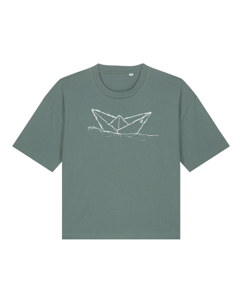 Damen T-Shirt Bio Baumwolle – Green Bay – handbedruckt mit weißem Papierschiff – Stanley/Stella Nova – fair & nachhaltig