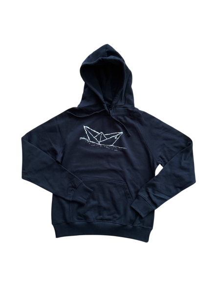 Paperboat Schwarzer Damen Hoodie mit Weißem Druck – Bio-Baumwolle, Fair & Handbedruckt