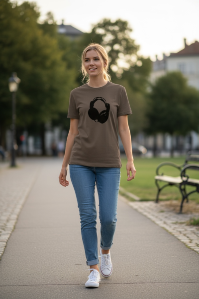 Bio T-Shirt Headphones – Mocha | Schwarzer Druck