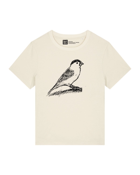 Handbedrucktes Damen T-Shirt Spatz Motiv – Bio-Baumwolle, Fair, Vegan, Nachhaltige Mode