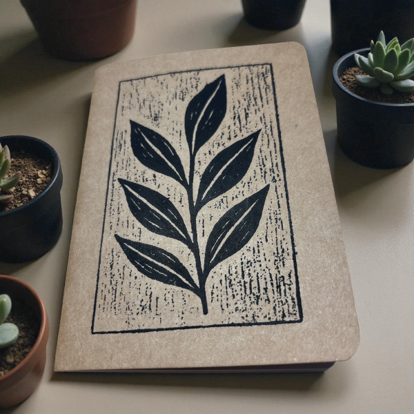 Notizbuch A6 „Zweig“ | Handbedruckt & Recycelt | Liniert