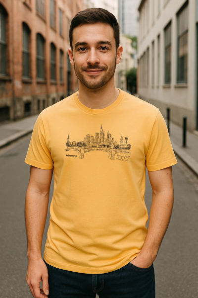 T-Shirt Frankfurter Skyline – Bio, Fair & Handbedruckt (Relaxed Fit) - Nispero Yellow