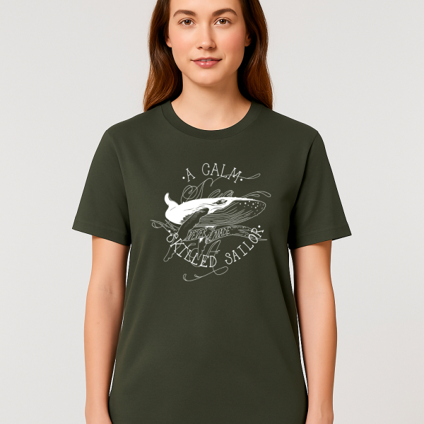 Unisex T-Shirt Khaki – Wal-Motiv „a calm sea...“ – Bio-Baumwolle – Fair & Vegan – Nachhaltige Mode