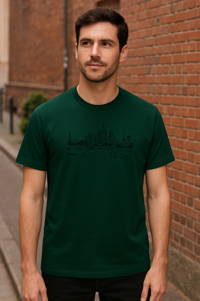 T-Shirt Frankfurter Skyline – Bio, Fair & Handbedruckt (Relaxed Fit) - Bottle Green