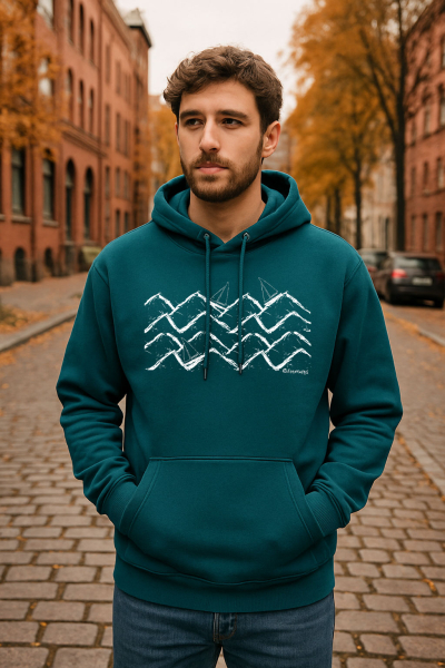 Boats & Waves Bio Hoodie – Segelboot Pullover aus 100 % Bio-Baumwolle | Farben: Black, Deep Teal, Heritage Brown