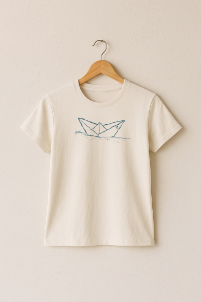 Bio Damen T-Shirt natur – handbedruckt mit Papierschiff – nachhaltig & fair produziert