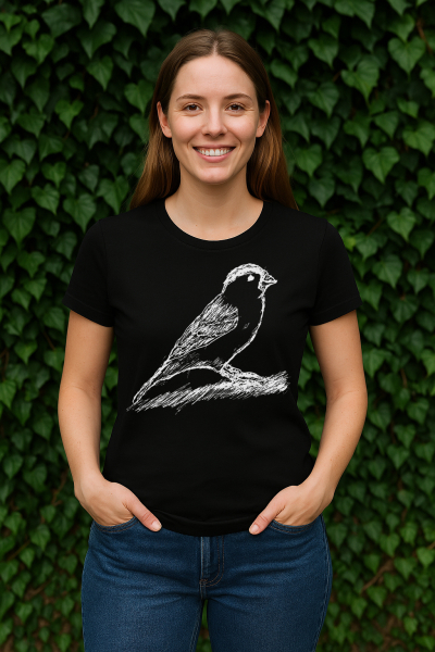 Damen T-Shirt Schwarz mit weißem Spatz – Vogel Shirt Bio Baumwolle, Tiermotiv, Illustration, Fair Fashion, Naturshirt