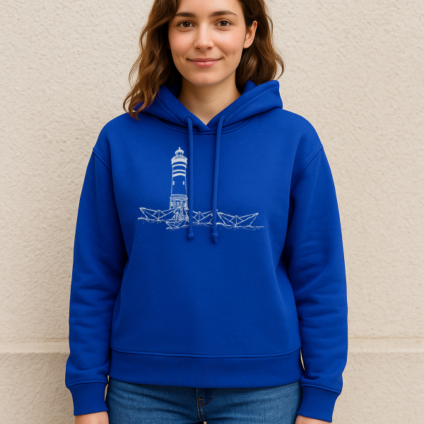 Damen Hoodie – Papierhafen | Worker Blue mit weißem Druck – Fair produziert - Boxy-Fit