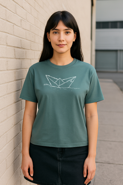 Damen T-Shirt Bio Baumwolle – Green Bay – handbedruckt mit weißem Papierschiff – Stanley/Stella Nova – fair & nachhaltig