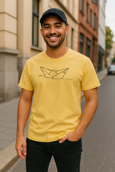 Unisex-Shirt in Viva Yellow mit schwarzem Paperboat-Motiv