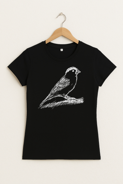 Damen T-Shirt Schwarz mit weißem Spatz – Vogel Shirt Bio Baumwolle, Tiermotiv, Illustration, Fair Fashion, Naturshirt