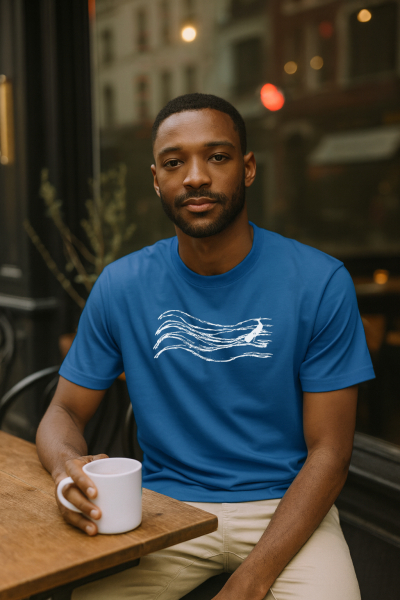 Wellenwall  T-Shirt Unisex – Bright Blue – Bio Baumwolle – Relaxed Fit – Handdruck in Weiß – Fair & Vegan